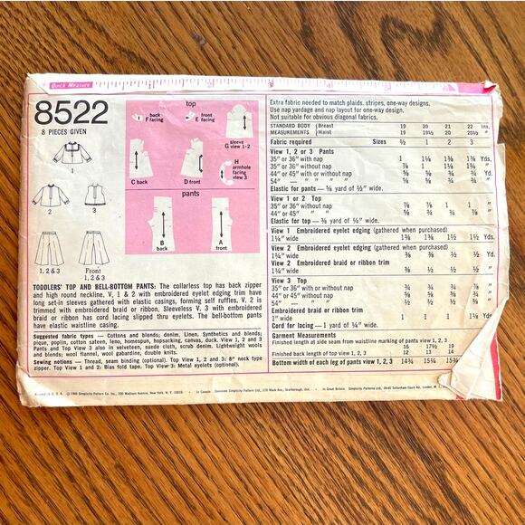 Vintage 1960s Sewing Pattern Simplicity 8522 Toddler Size 2T Top Pant COMPLETE - Picture 2 of 2